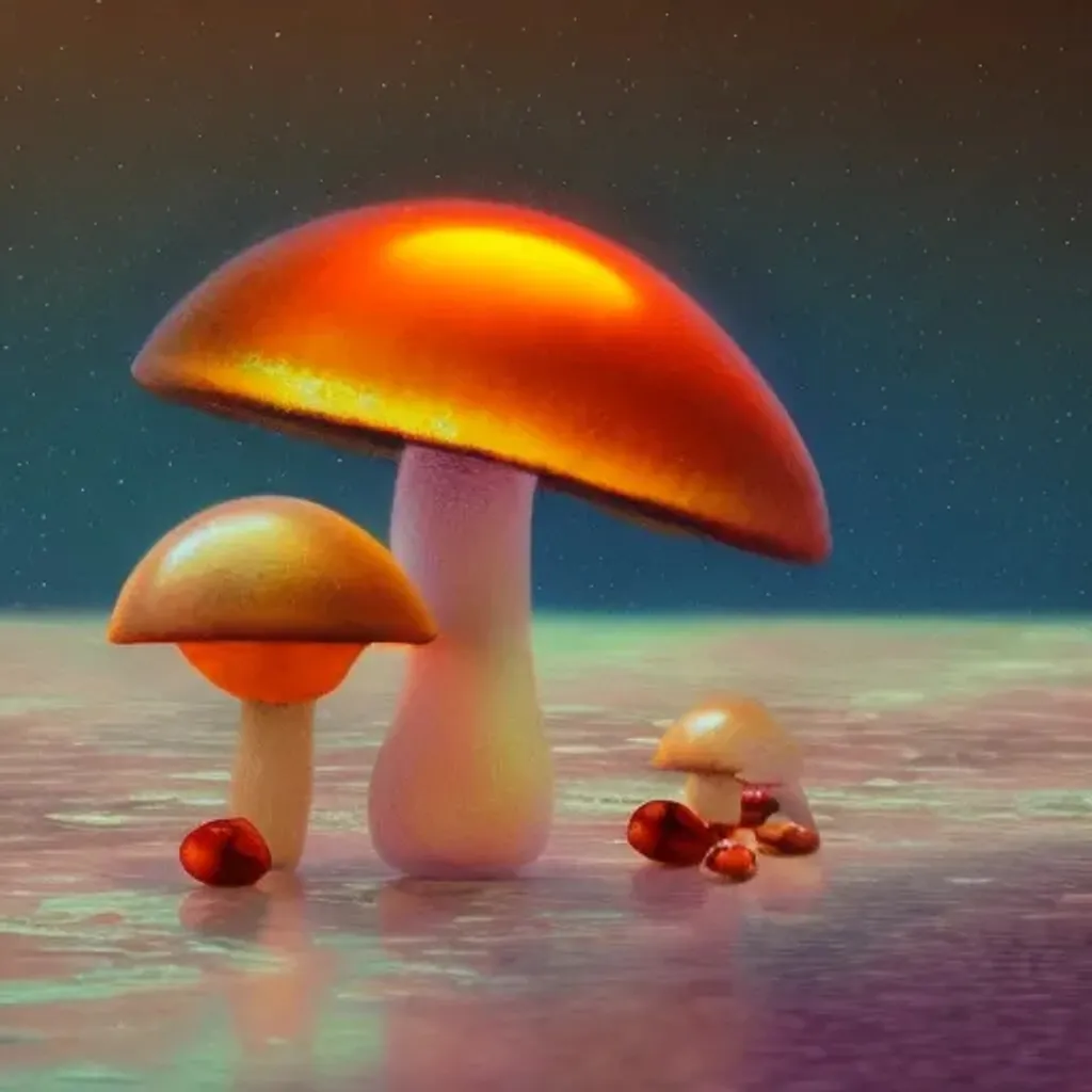 Prompt: Oil painting of a cosy vintage tiny cute fungi, under the sunset on an icy planet, octane render by weta digital, exotic colorful pastel, ray traced lighting and reflections
  