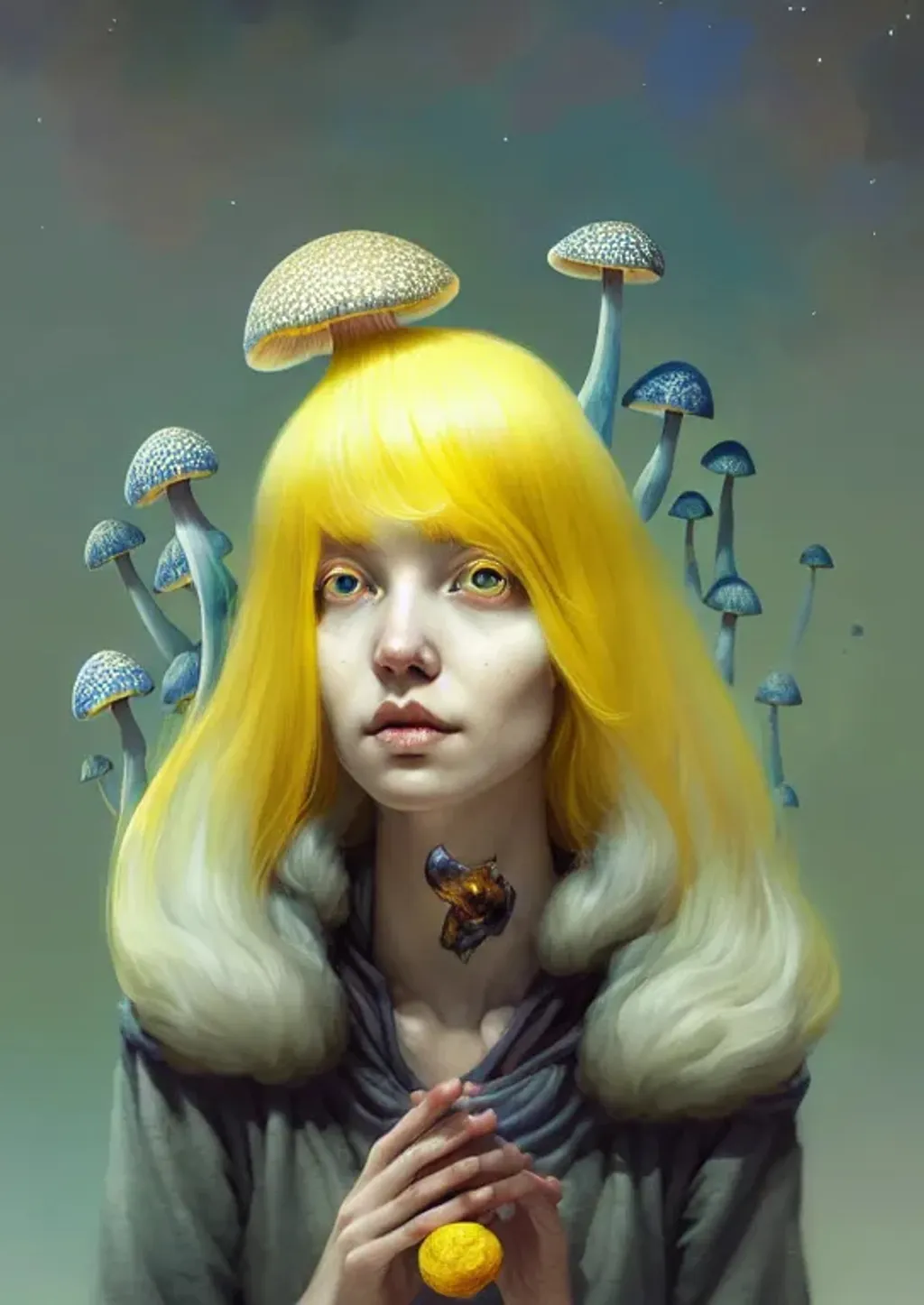 Prompt: Character Portrait of a Beautiful mushroom witch with yellow hair and a cute face, cosmic background, perfect composition, hyperrealistic, super detailed, 8k, high quality, trending art, trending on artstation, sharp focus, studio photo, intricate details, highly detailed, by greg Rutkowski, Ryan Hewett, victo ngai 