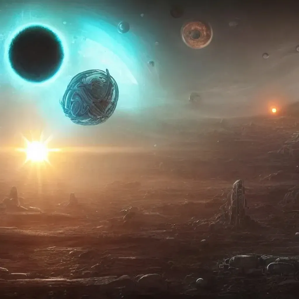 Prompt: Dystopian futuristic solarsystem in space, star filled sky, sunset glossy surface, biomechanical creatures, in the style of HR Giger and Zdzislaw Beksinski, lens flare, hyper realistich 4K HDR