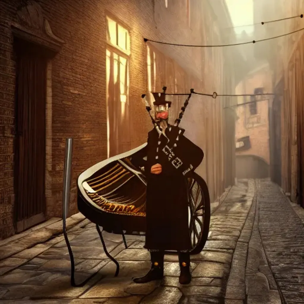 Prompt: steampunk piano playing bagpipes in a victorian alleyway, hyper realistic, hyper realism, photorealistic, 8k, cinematic lighting, high quality, epic, ray tracing, unreal engine 5, extreme detail, ultra realistic, ornate, cold color palette, Trending on Artstation, FHD, detailed,