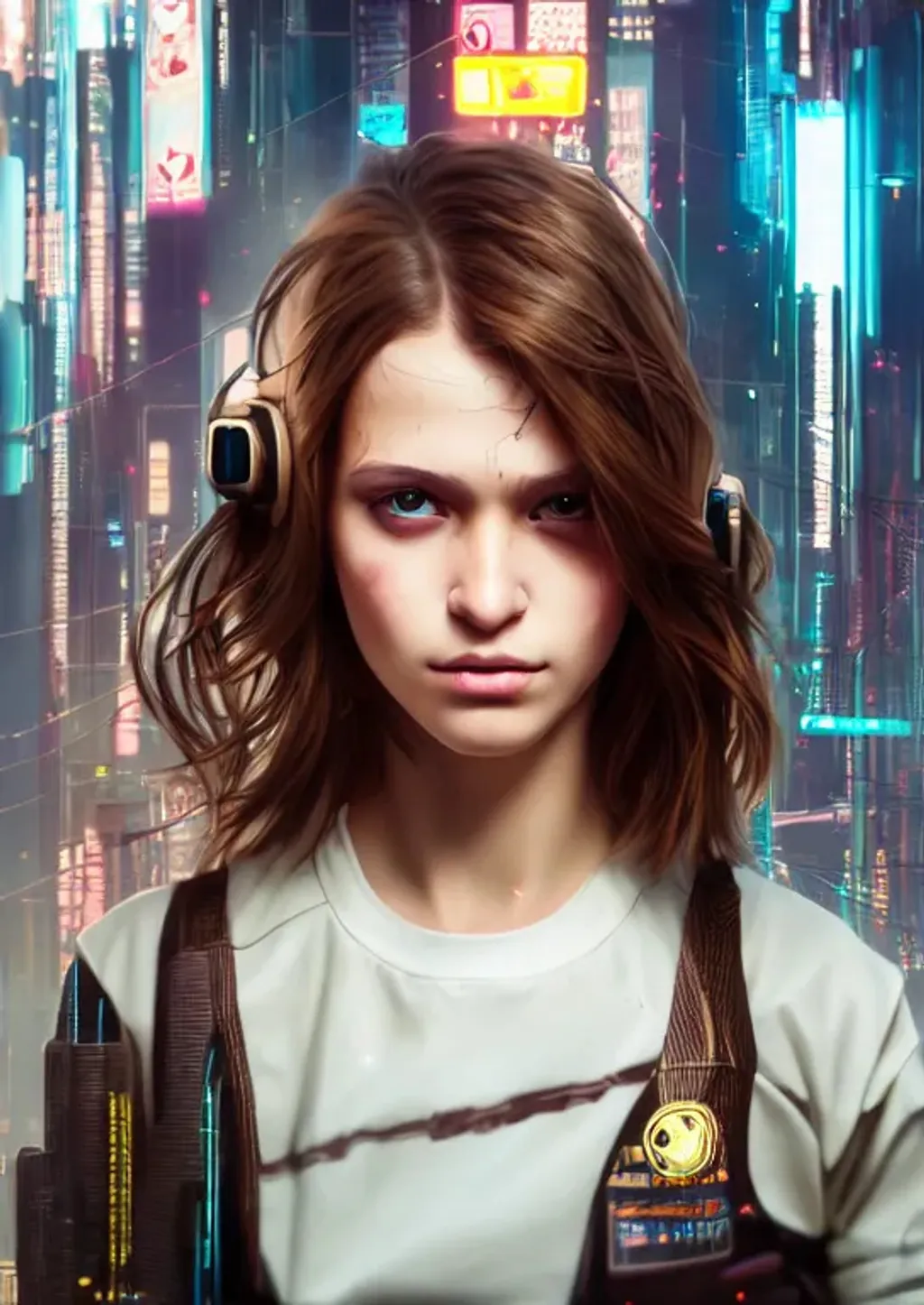 Prompt: Portrait of a girl with brown hair and with cute face, cyberpunk city vibe, perfect composition, crystal-clear eyes, ideal human, cool colorful, hyperrealistic, super detailed, 8k, high quality, trending art, trending on artstation, sharp focus, studio photo, intricate details, highly detailed, in the style of cyberpunk 2077