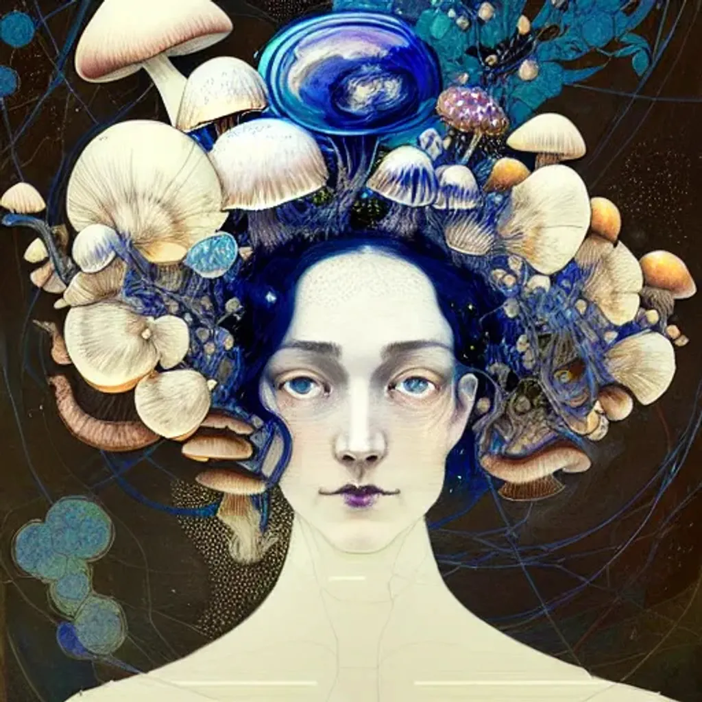 Prompt: A detailed portrait by Ryan Hewett, of a Beautiful Victorian woman with a mushroom crown, in the style of victo ngai, moon, celestial, portrait, woodland, fungi, blue eyes, gothic, witch, magic 