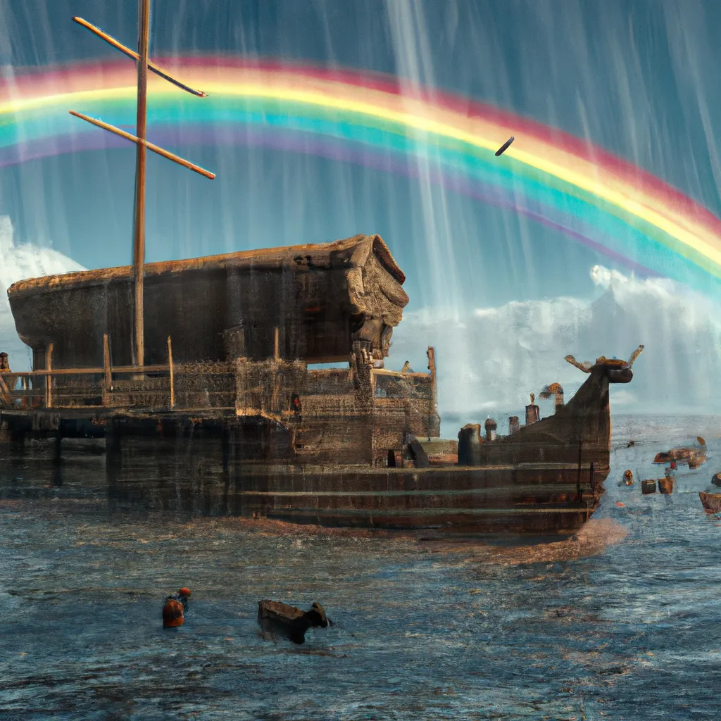 Prompt: Flood, Noah's Ark, many animals on the ship, a rainbow behind, immersive details, cinematic, 8k, octane