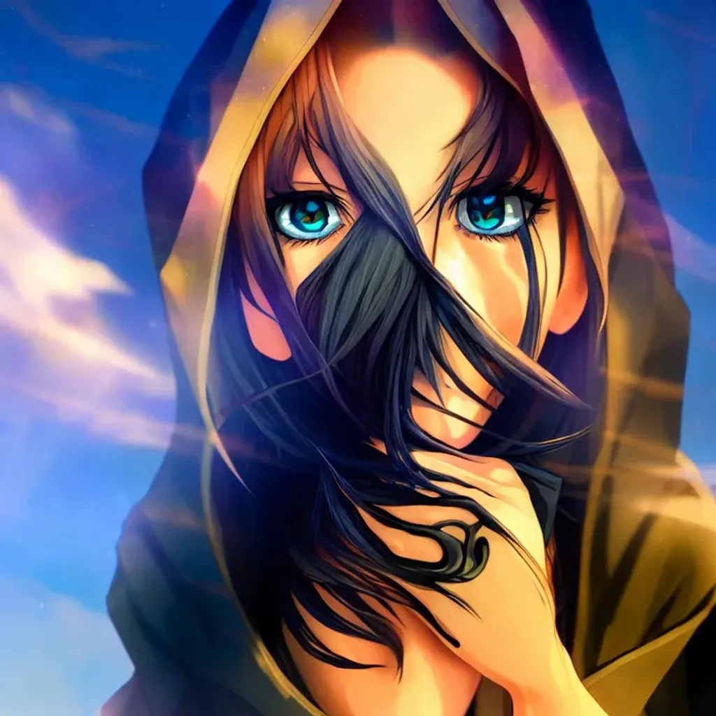 Prompt: Symmetrical Anime Style Portrait of {Woman},with {detailed} hair and {beautiful dark blue} eyes,{wearing a cloak},{facing towards the camera with swagger}, perfect composition, hyperrealistic, super detailed, 8k, high quality, trending art, trending on artstation, sharp focus, studio photo, intricate details, highly detailed, by greg rutkowski, intricate details, award winning, iconic