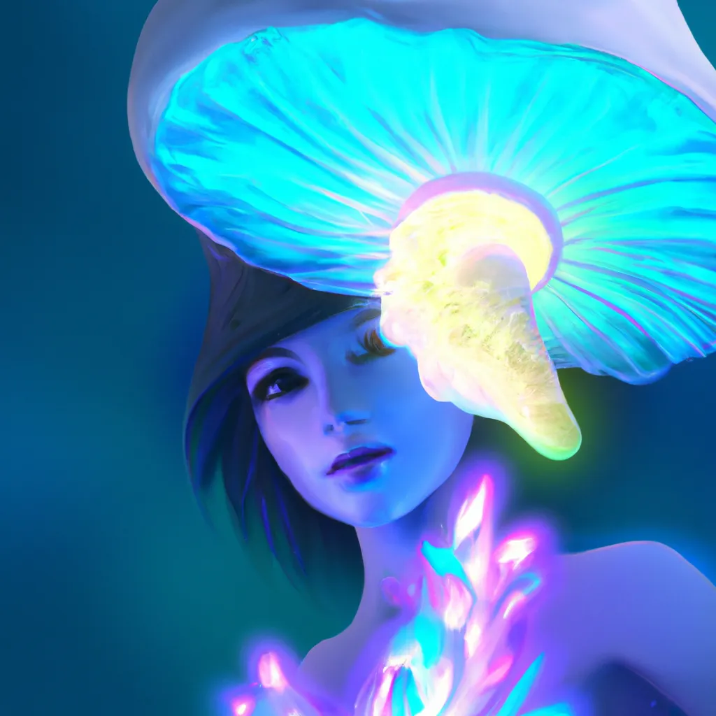 Prompt: Detailed illustration, mermaid with light blue skin, Ears like fish fins, glowing mushroom hat, key visual, character design, character concept, bright lighting, deep sea, coral reef, fish, High detail, 8k, fantasy atmosphere, character concept art from a popular video game, animation, pixar, disney, anime, animated