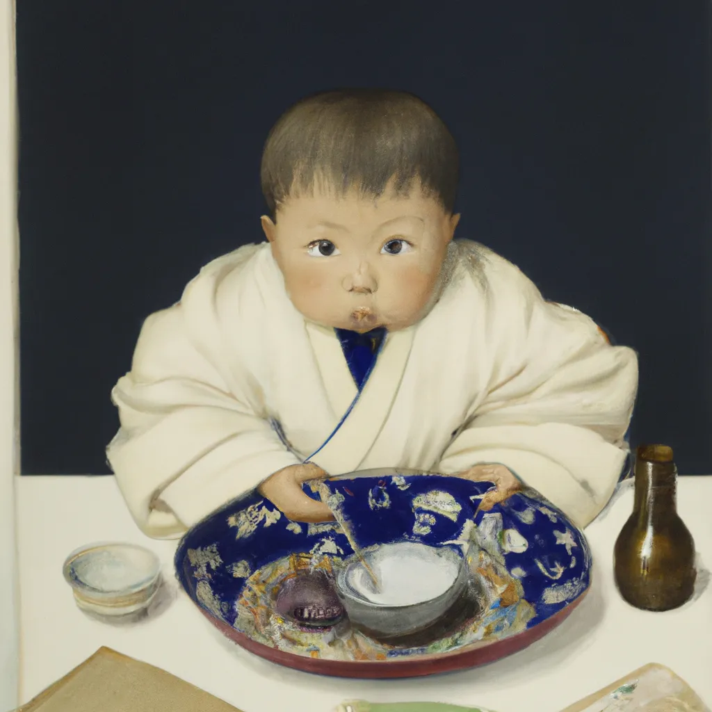 Prompt: Baby at Supper, Face Covered With Food, 1880, London, Enzan-Shijou-style