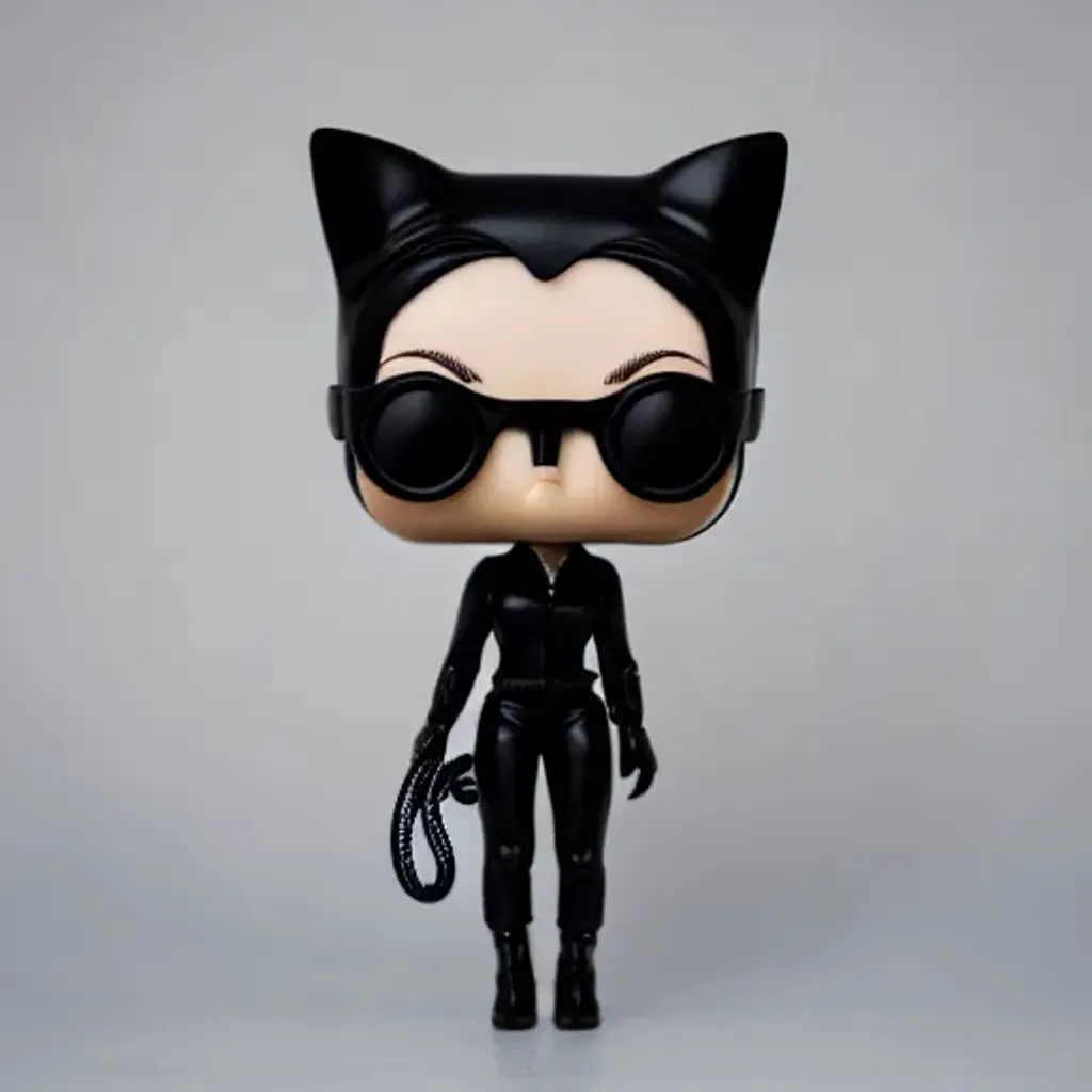 Prompt: Funko pop catwoman figurine, made of plastic, product studio shot, on a grey background, diffused lighting, centered