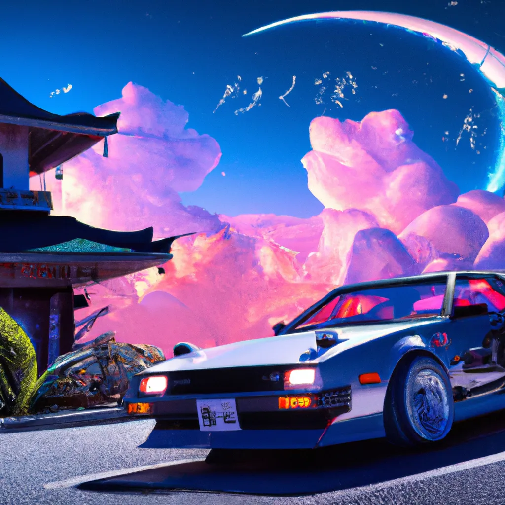Prompt: a beautiful view of imperial japan, japanese building, spiral galaxy, vaporwave, gorgeous vintage sports car, hiroshi nagai clouds, giant crescent moon in the background, intricate, insane level of detail, hyper-detailed, cinematic, composition, nostalgia and abstract, artstation HQ, 16k