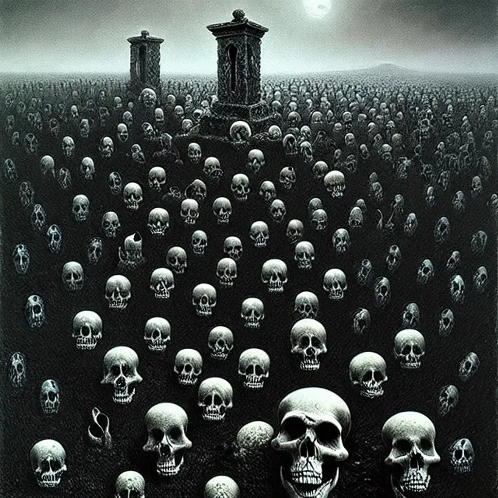 Graveyard with many skeletons, art by Zdzisław Beksi... | OpenArt