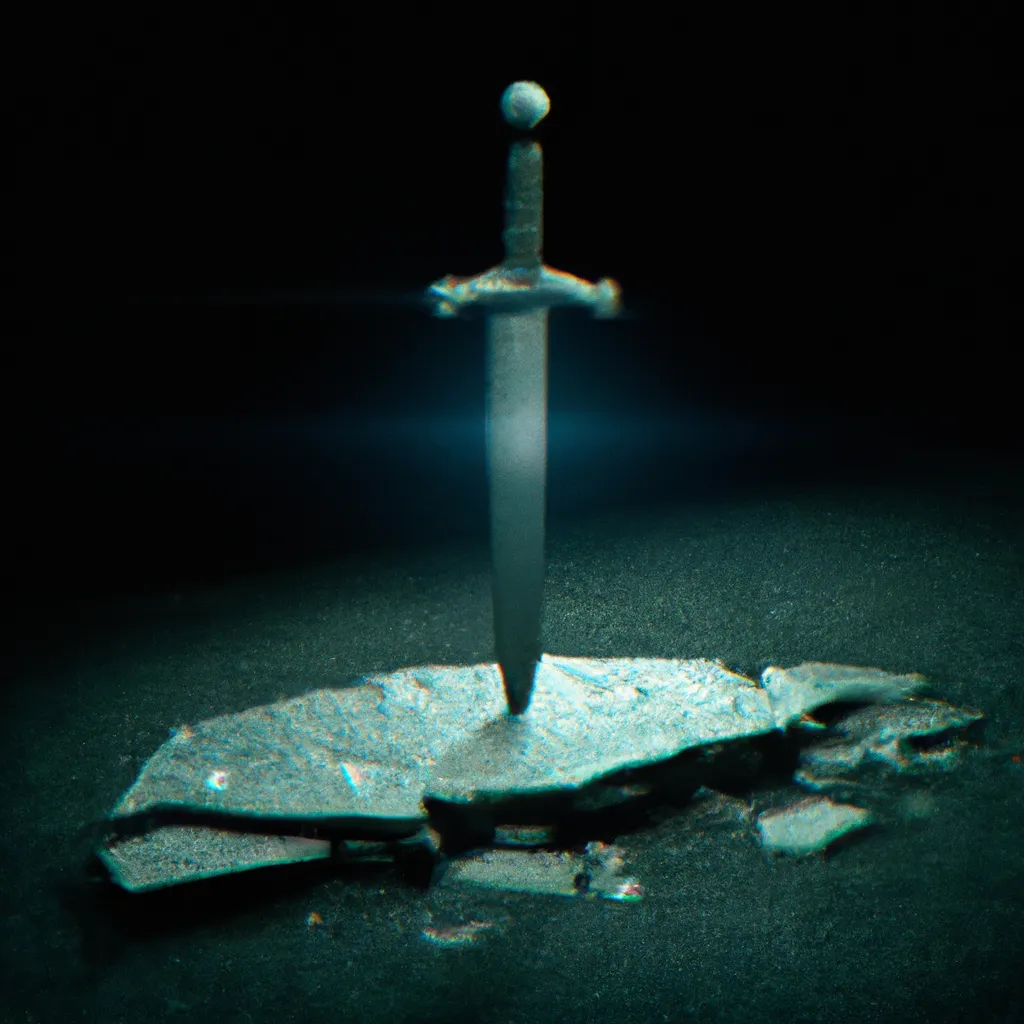 Prompt: a sword in a stone, realistic, glitchy, glowing lights, heavy lighting, dramatic lighting, broken, old footage