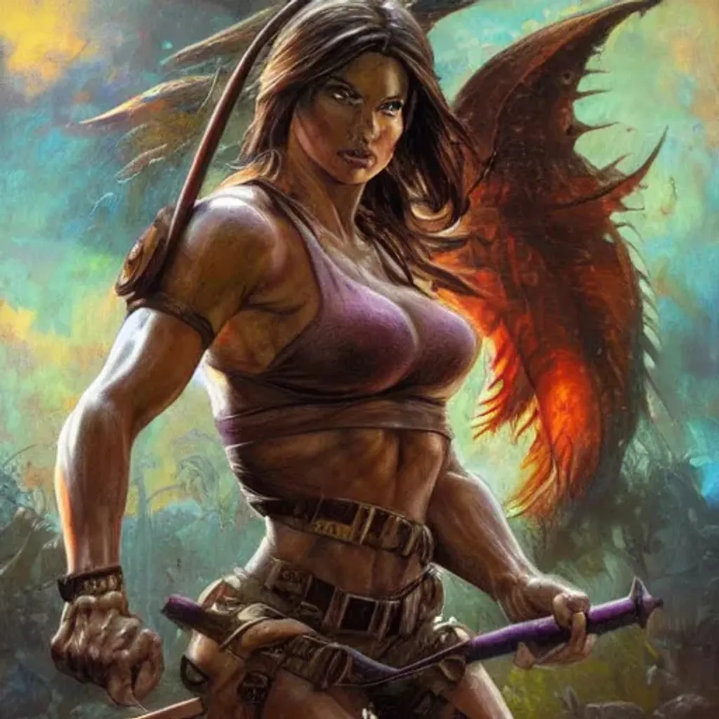 Prompt: muscular beautiful, lara croft, bright jewel colors wearing armor tombow artwork greg staples, frank frazetta, dug stanat, norman rockwell , christophe young eytan zana , rumiko takahashi , centred , symmetrical , denoised