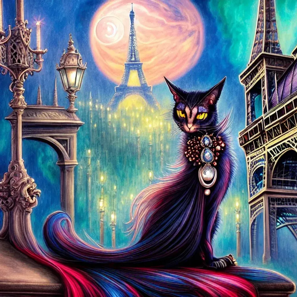 Prompt: High resolution portrait of a Stunningly beautiful (Gothic Cat), denim, viridian, fire, blood, pearl, raisin, tan (photorealistic eyes) sitting on a roof, background theme Paris, twilight, streetlights, in the style of Anna Dittmann, Josephine Wall, Donato Giancola and Anna Liwanag, intricate, hypermaximilist elegant aesthetic, ornate, hyper realistic, cinematic, cgsociety, concept art, smooth, sharp focus, Unreal Engine 5, 128K UHD, fractal, fBm, pi