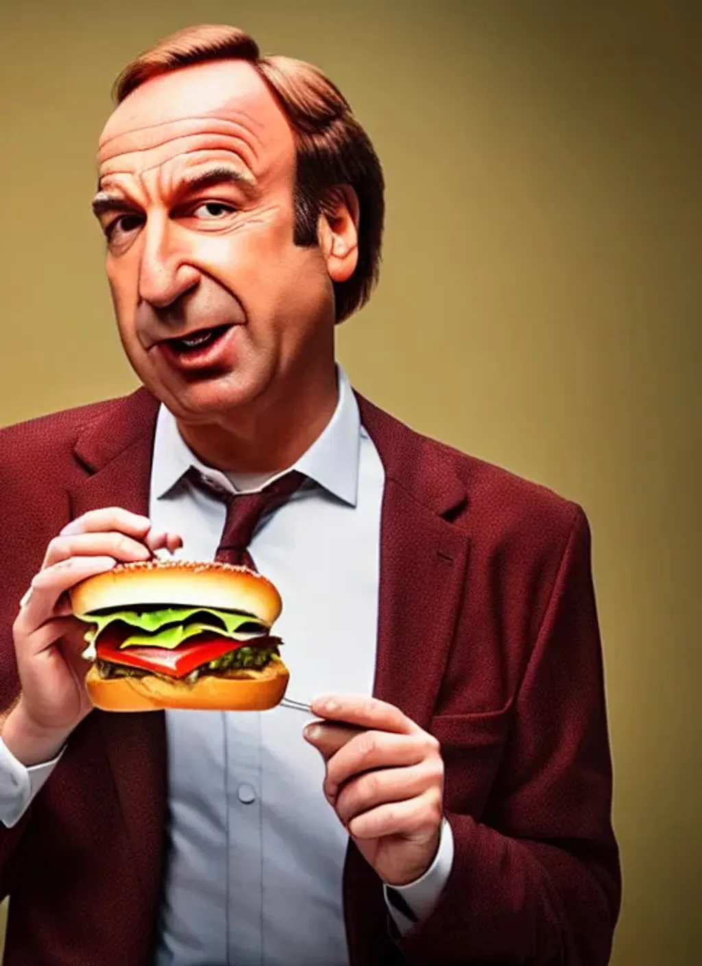 Prompt: Saul Goodman eating a hamburger, photograph taken in 2019