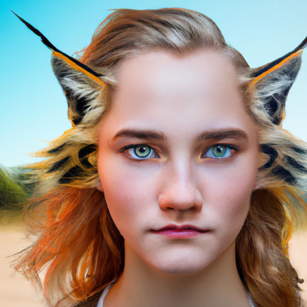 Prompt: A photo of a cute young woman's head combined with a 3D render of a hybrid lynx head. Epic film poster style.