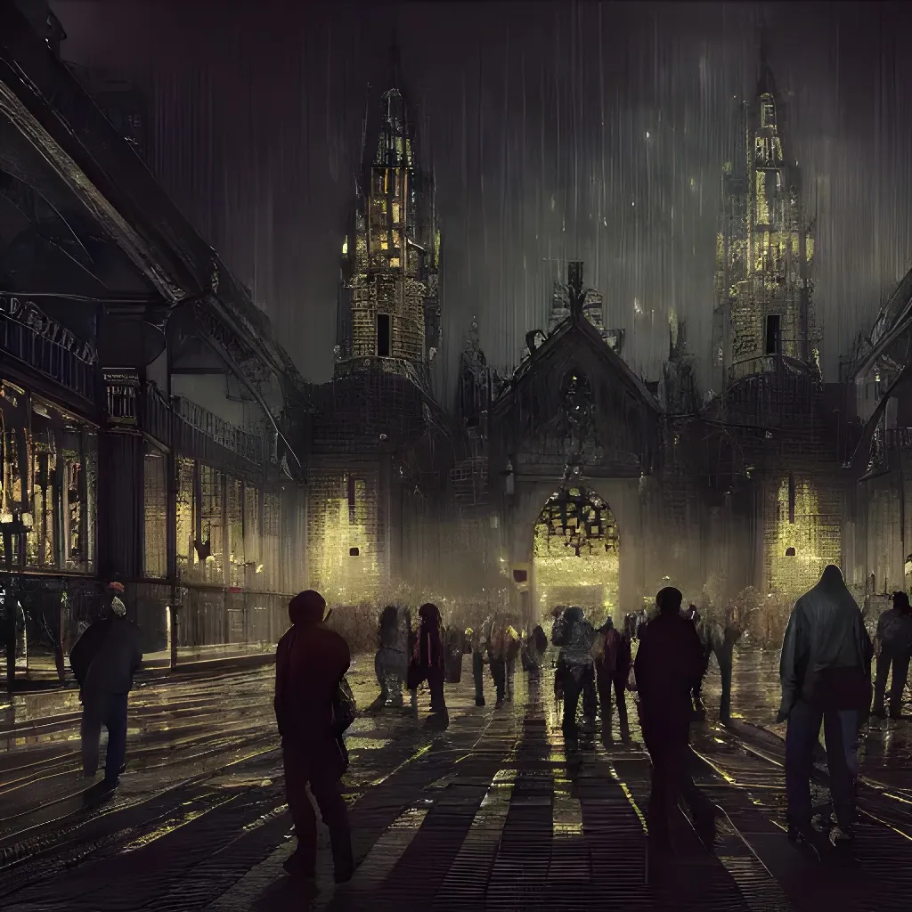 Prompt: 8k, Hd, futuristic, dystopian, ground level, 8k, intricate, Night Time, suspicious activities, concept art, by Willem van Veldhuizen, Church, crowd