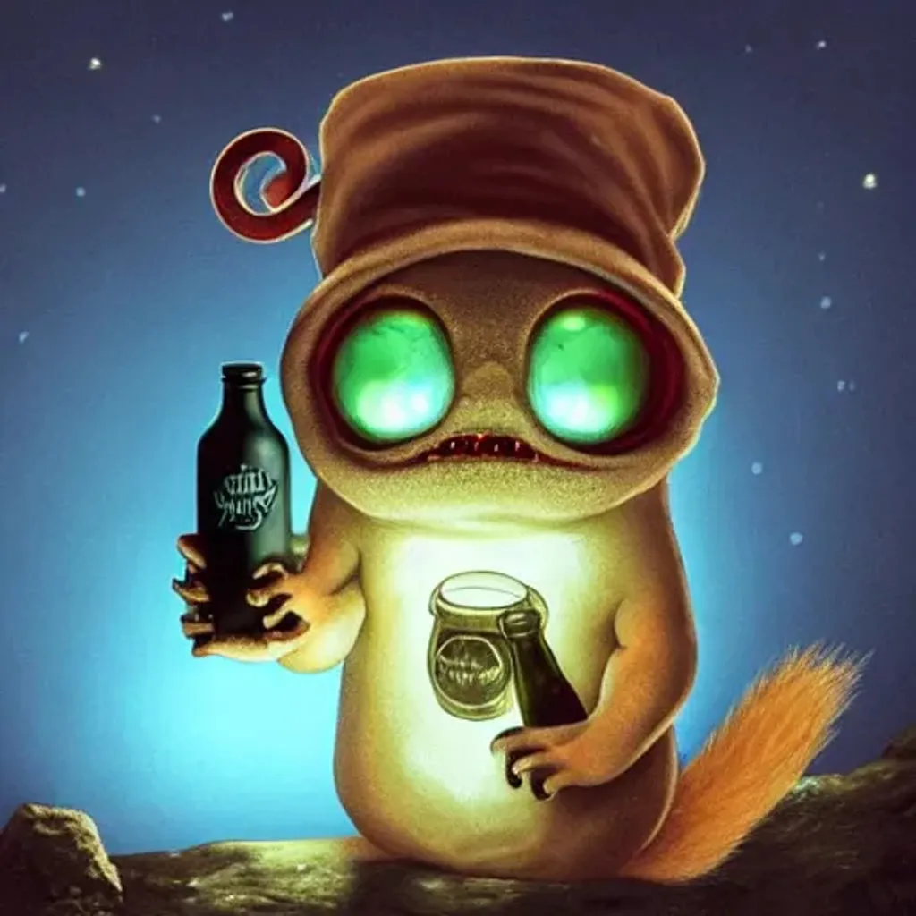 Prompt: a small zombie squirrel with a cylinder hat on a stone in the moon light holding a bottle with poison, evaporating eyes, soft shadows, blue colour scheme, terrifying, foggy, pennywise, halloween, digital art, dynamic lighting, trending on artstation, highly detailed, futurama, matt groening, derek hess