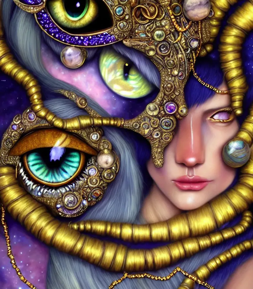 Prompt: Bejewelled aesthetic cat shapeshifter felinoid goddess, indigo cream mustard pine amber silver photorealistic eyes, iridescent jewellery, background, alien planet with a crystal moon in the style of Donato Giancola and Anna Liwanag, Trending on fursona, furaffinity, detailed, intricate, hypermaximilist elegant aesthetic, ornate, hyper realistic, cgsociety, trending on deviantart, unreal engine, ray tracing, detailed illustration, 128K UHD