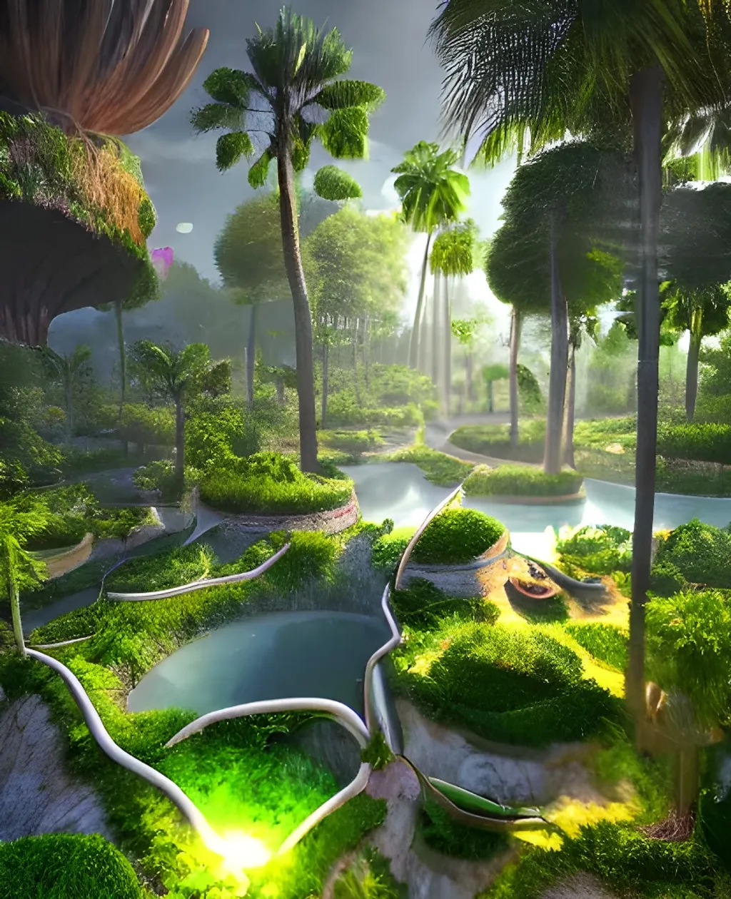 Prompt: Hyperrealistic Garden of Paradise, the last remaining nature area in the virus-spread decaying world, helicopter view, digital art, 3D, blender and unreal engine 5 rendered, Rays of Shimmering Light, Cinematic Lighting, Ray Tracing Reflections, insanely detailed, trending in artstation, Cinematic, Colorful, ornate