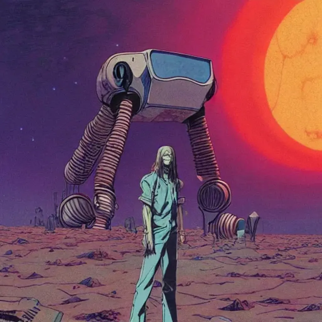 Prompt: Man with long dark hair standing in alien dessert next to destroyed robot, by Makoto Kobayashi, by Moebius, by Jean Giraud, manga, anime style, 80's, Intricate, Hand drawn, concept art, grainy color, dim lighting, Anime Key Visual, beautiful composition