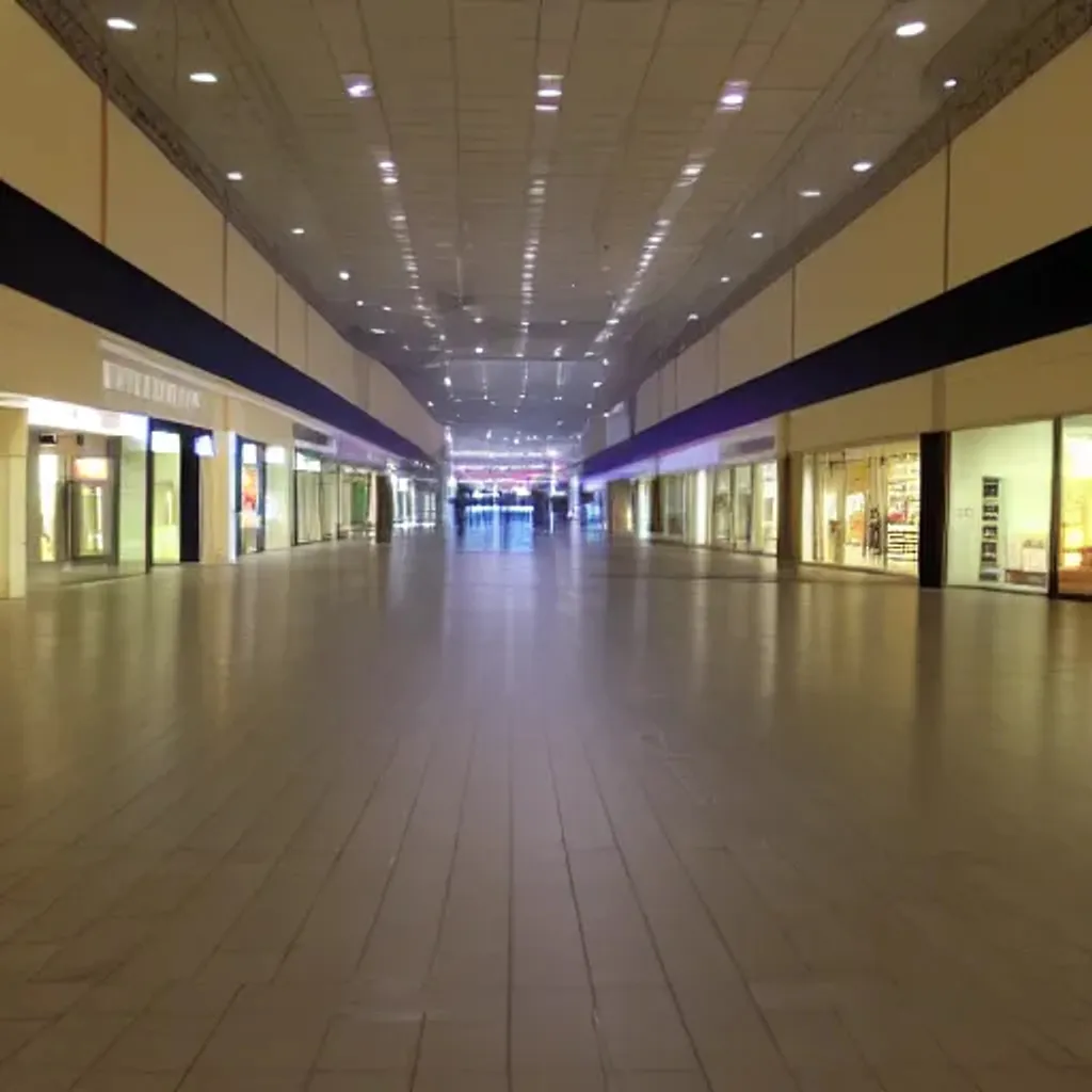 Prompt: liminal empty modern mall at night, with creepy people