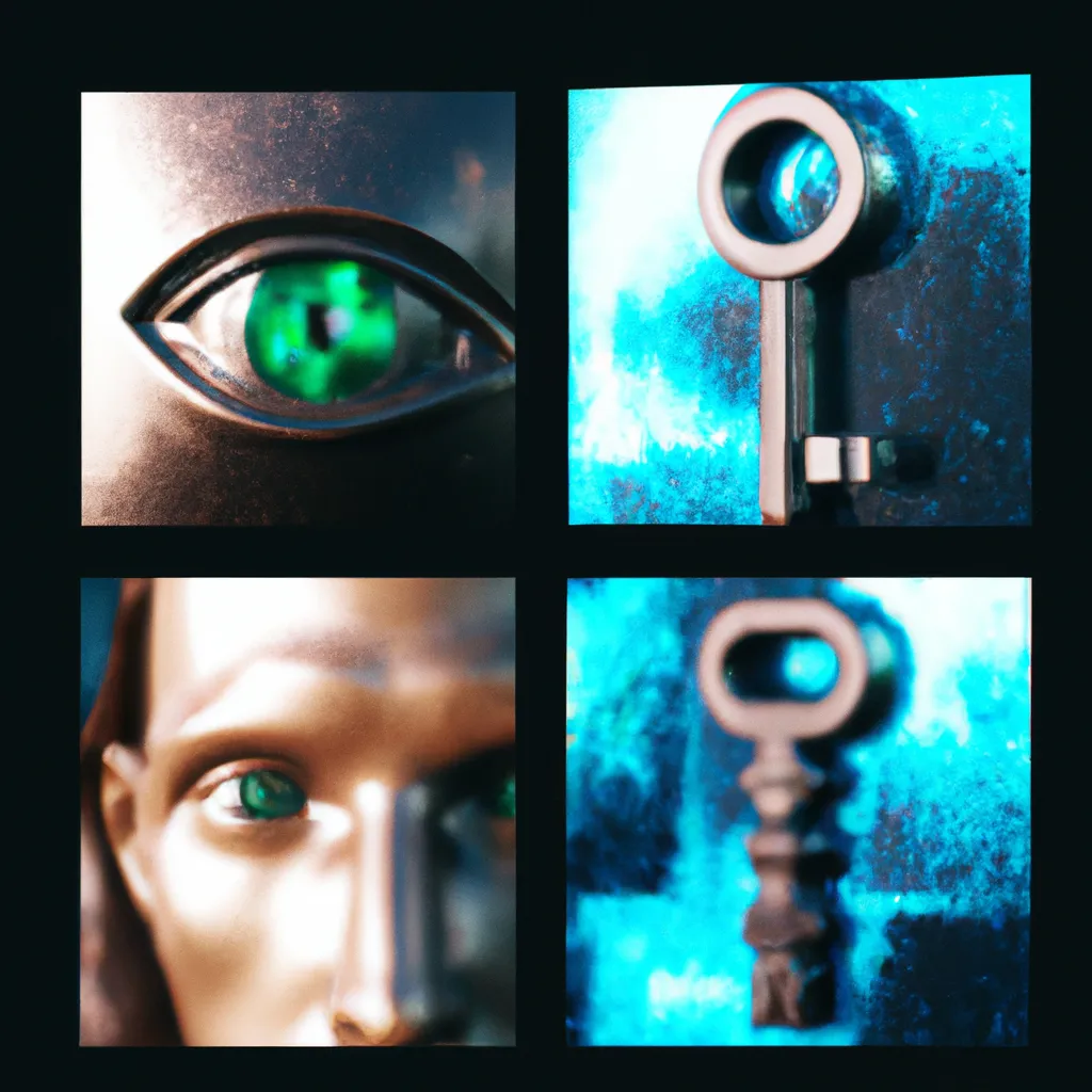 Prompt: Impossible key with human eye, professional photography, octane render, luminiscent, metal statue, high detail, rough texture, abstract design, futuristic, pixelart, four distinct pictures