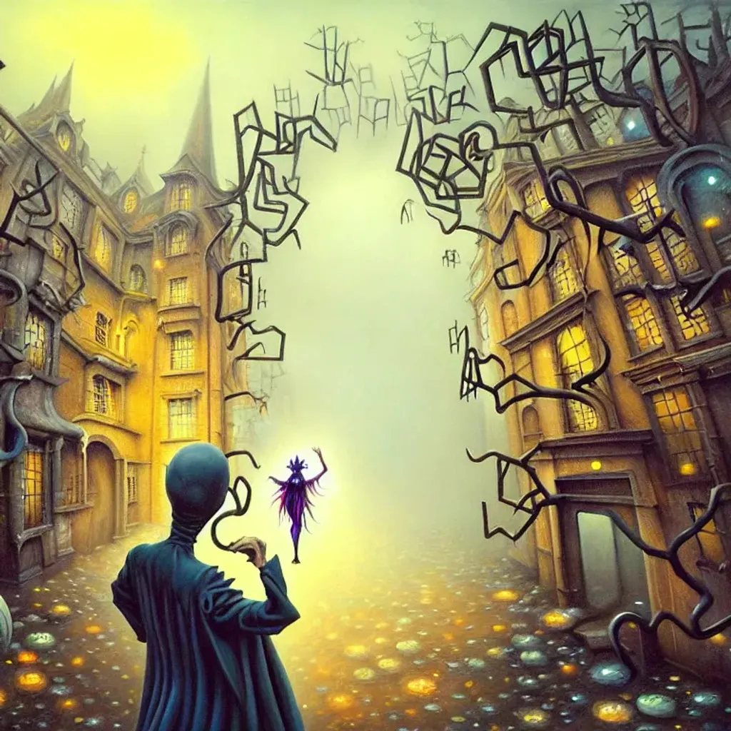 Prompt: An expressive surrealism oil painting of a ghost in a cosplay costume lost in a maze. 
spooky, foggy atmosphere. Scary. Haunted. Bokeh. Concept art. Highly detailed, expressive surrealistic oilpainting, colorful, digital art, digital airbrush, 8K.  Clear Detailed sharp Cartoon anime manga cover by Anna Dittmann, tim Burton, Gil Elvgren, Tom Bagshaw, Elsa Beskow, Hayao Miyazaki.