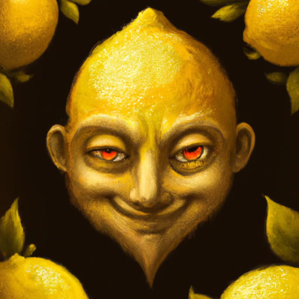 Prompt: God of lemons smiles, 4k, super resolution, ultra hd, detailed and intricate, digital art