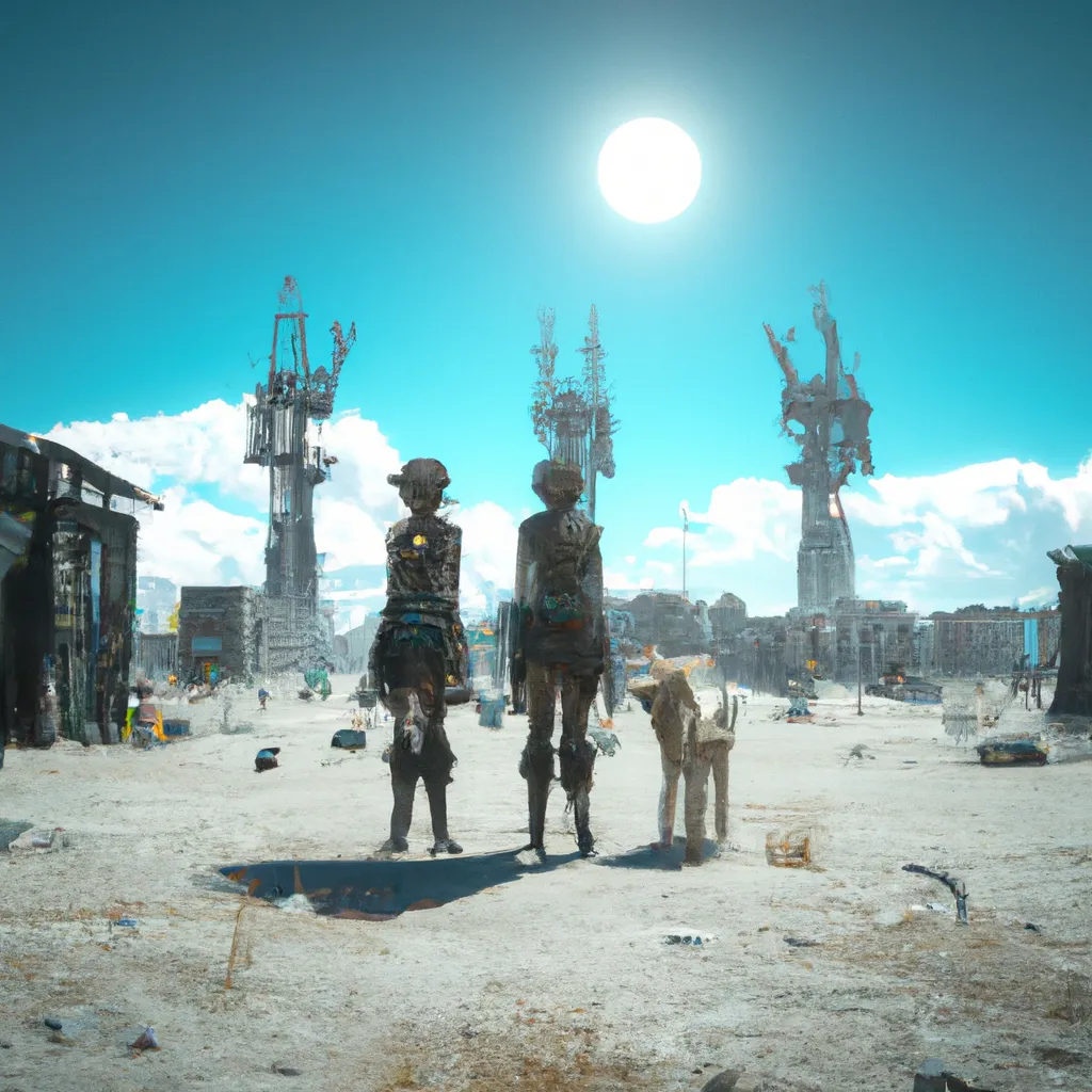 Prompt: wide angle 
dystopian wasteland 
with starving people 
dead animals 
standing in the middle a starving but gorgeous symmetrical female
hyper realistic dark blue green sky
AI engineers creating Art installation to inspire everyone to Fix The World restore ecological balance
3D rendered rea
unreal engine