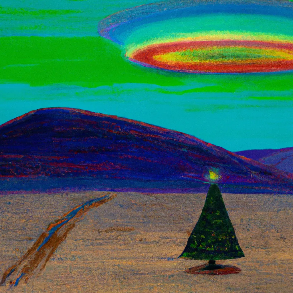 Prompt: A Van Gogh painting of a Christmas tree in the middle of a desert at dawn. There is a rainbow colored flying saucer in the sky.