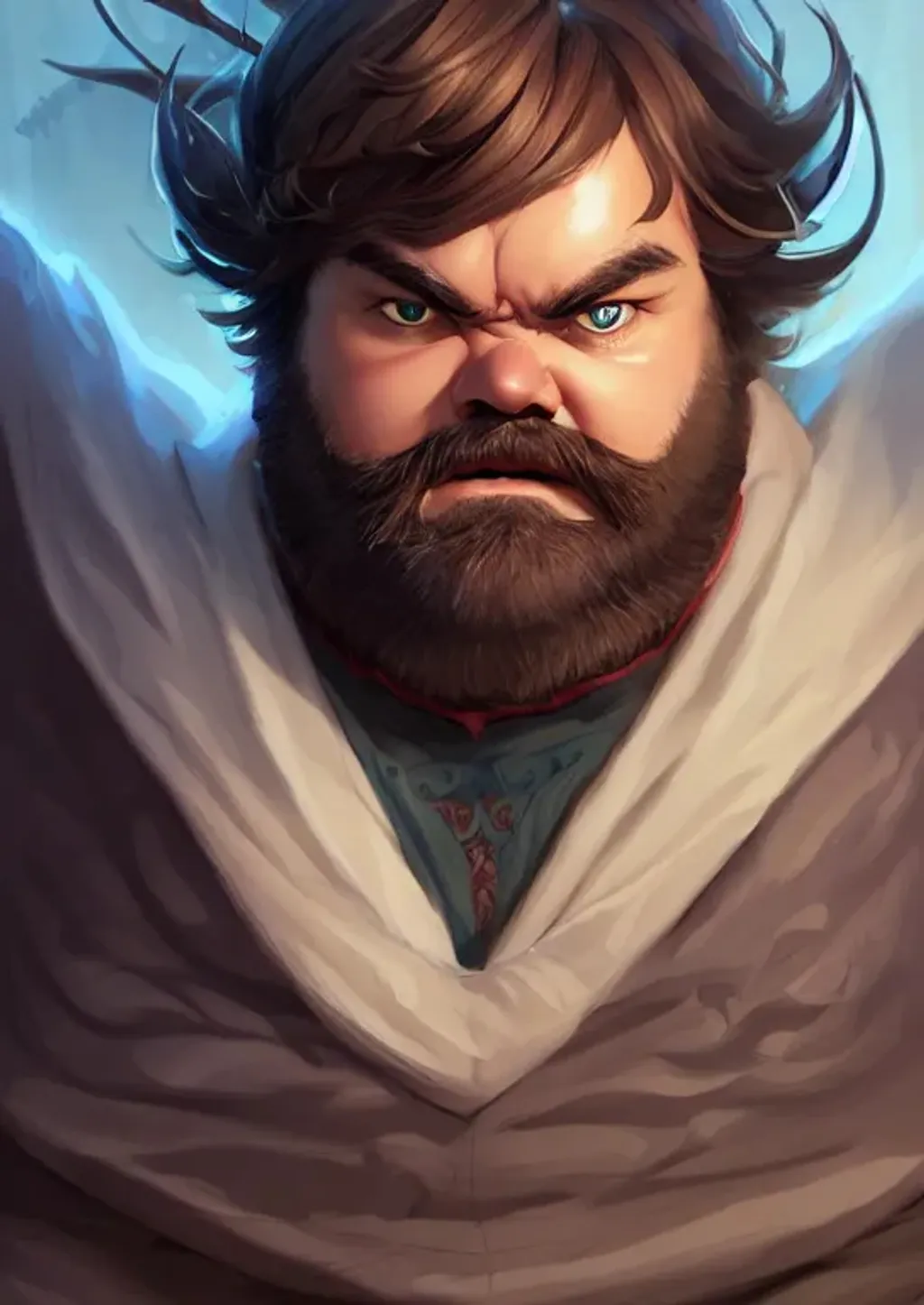 Prompt: portrait of a {Jack Black as a fantasy thief}, smooth soft skin, big dreamy eyes, beautiful intricate beard, symmetrical, anime wide eyes, soft lighting, detailed face, by leiji matsumoto, stanley artgerm lau, wlop, rossdraws, concept art, digital painting, looking into camera, pillars and ruins in the distance
