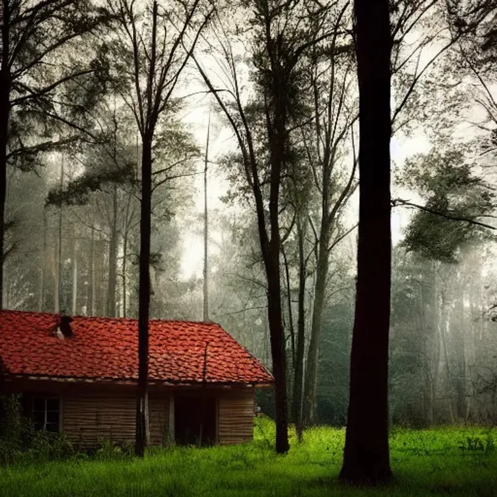 Prompt: Dark forest, house, soft lighting 