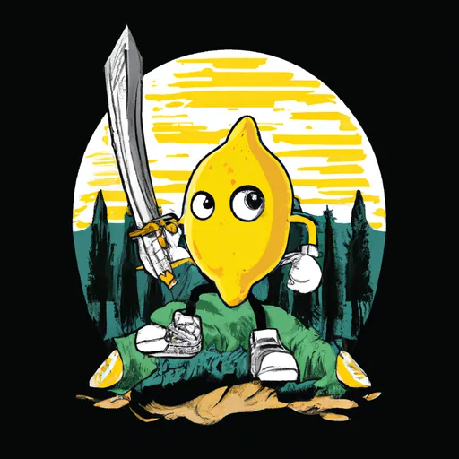 Prompt: Lemon character at a forest holding a sword T-Shirt design 