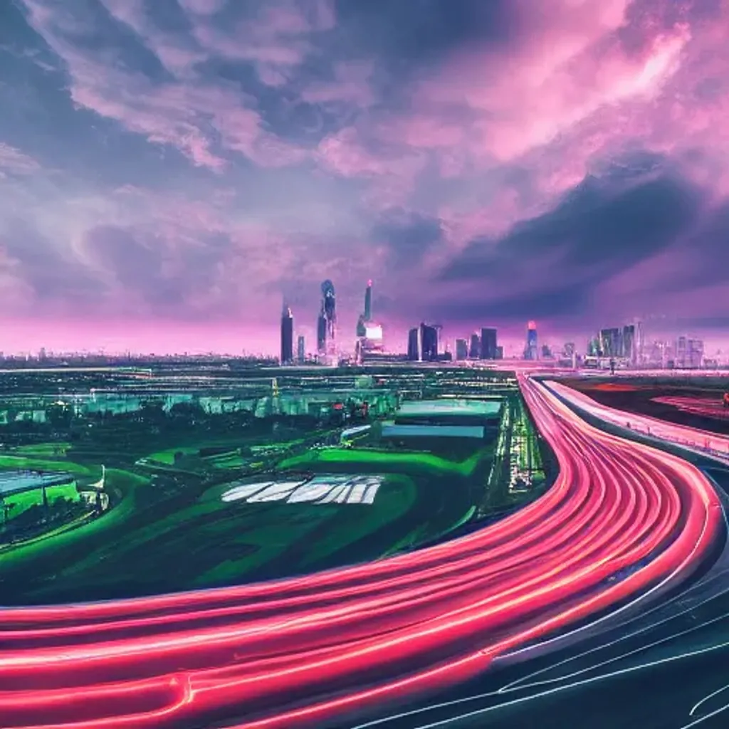 Prompt: race track, ferrari, black roads, sunset, neon lights, cyber punk, bird's eye view, wide angle, 8k, ultra realistic, painting, atmospheric, city in the background