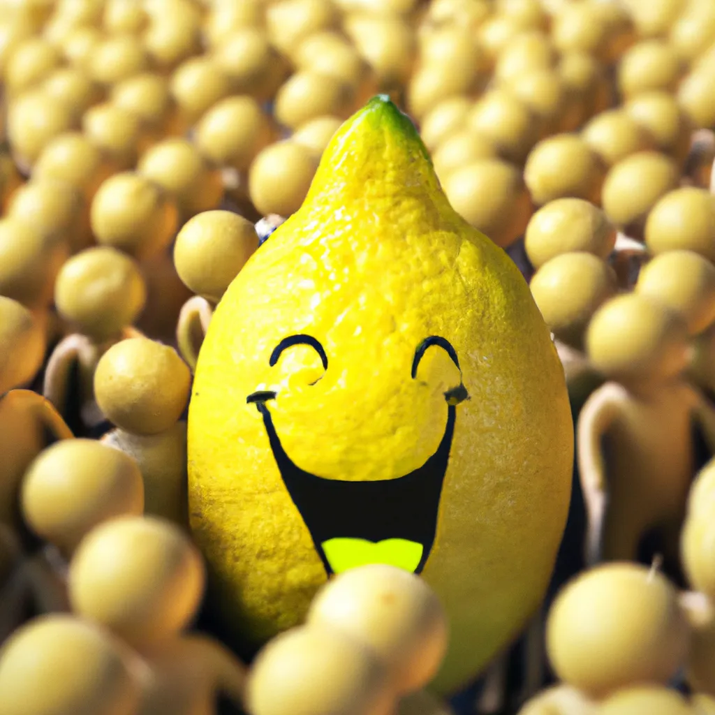 Prompt: 3-D, Photo-Realistic, Laughing Giant Lemon surround by huge crowd of cheering lemon admirers
