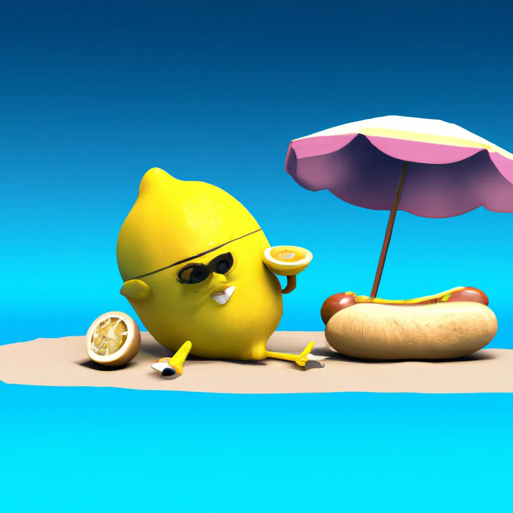 Prompt: a 3d render of a lemon relaxing on the beach eating a hotdog 