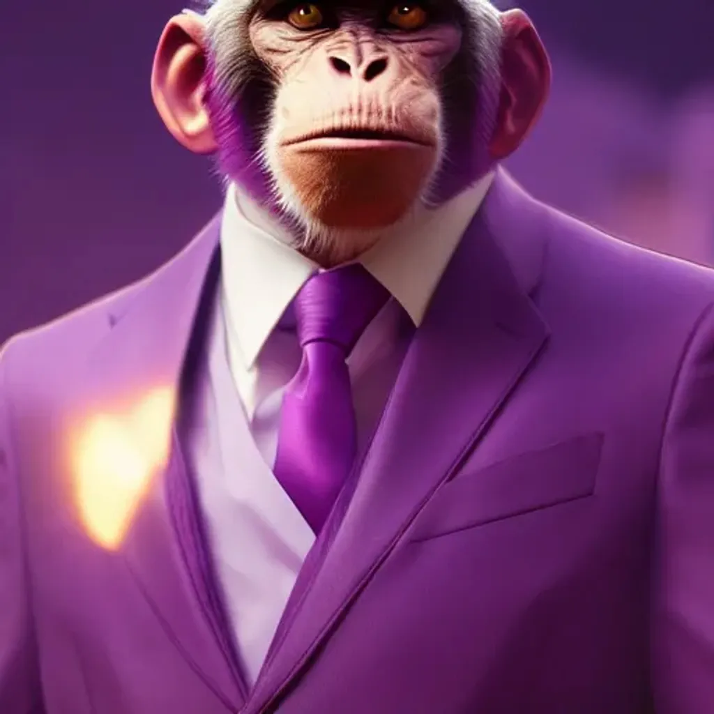Prompt: Monkey in a purple suit Detailed Render,Breathtaking,8k resolution Greg Rutkowski, Artgerm, WLOP, Alphonse Mucha dynamic lighting Splash art trending on Artstation triadic colors Unreal Engine 5 volumetric lighting, close up