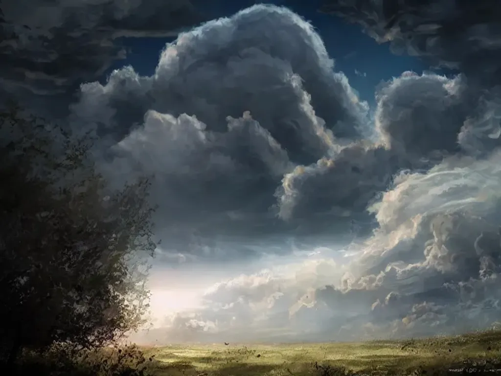 Prompt: Large clouds cover the Sun in the noon sky, fantasy art trending on ArtStation