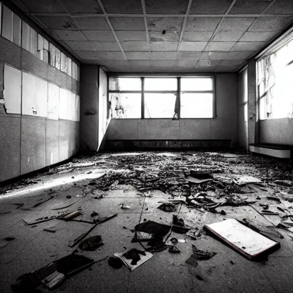 Prompt: abandoned school, broken tables, posters on walls, concrete hallways, ground with garbage, covered windows and liminal space, dark