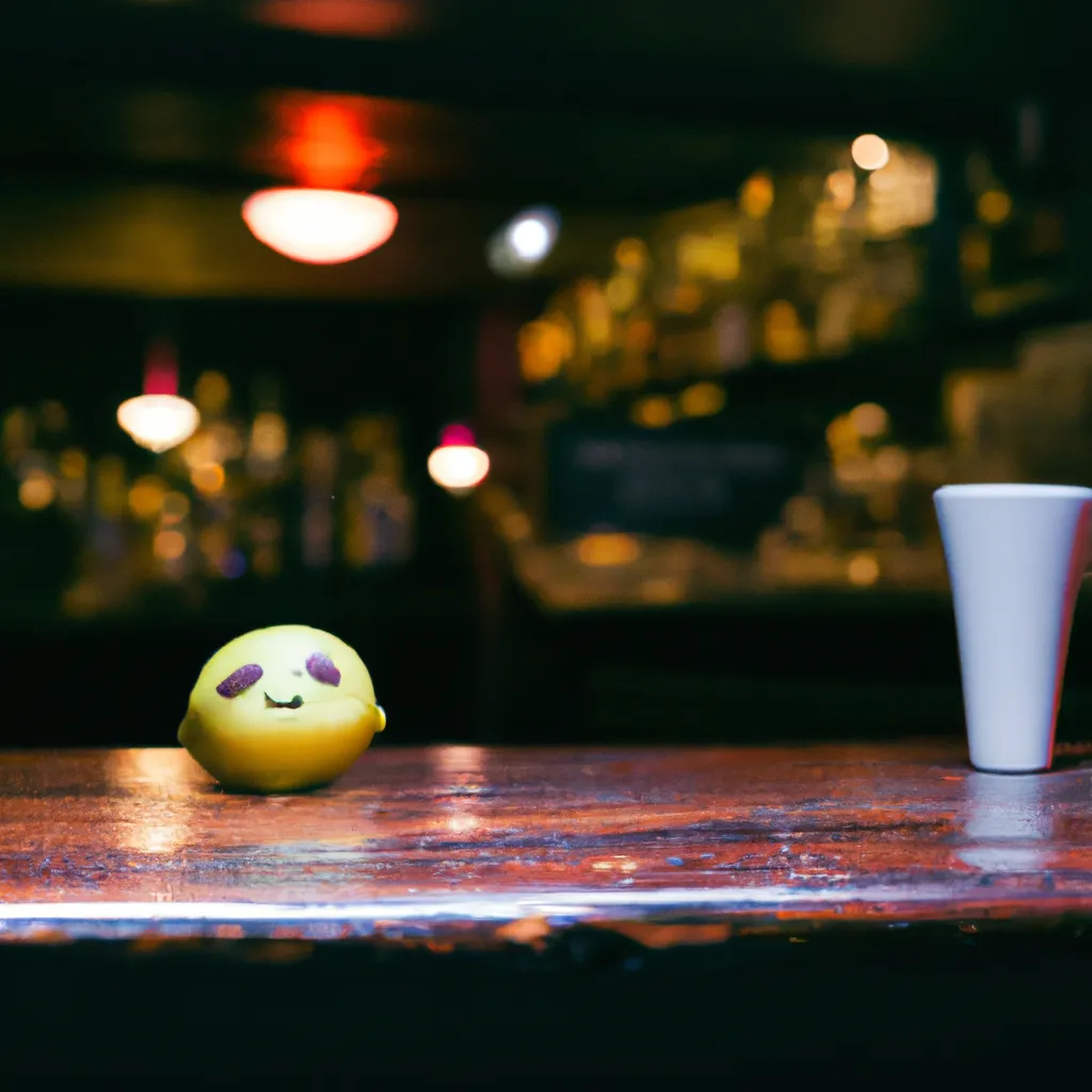 Prompt:  a sad lemon character with big sad eyes and a face covered in bruises is sitting alone at a table in a dark bar as everyone around them drinks and laughs