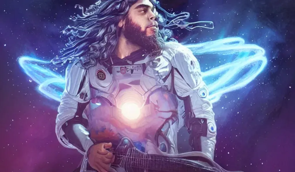 Prompt: Young Claudio Sanchez from Coheed and Cambria in a futuristic spacesuit, a blonde beautiful angel with blue skin, glowing galaxies, intricate wispy beard, guitar of stars, distant worlds, detailed face, detailed eyes, hyperrealistic, by Greg Rutkowski