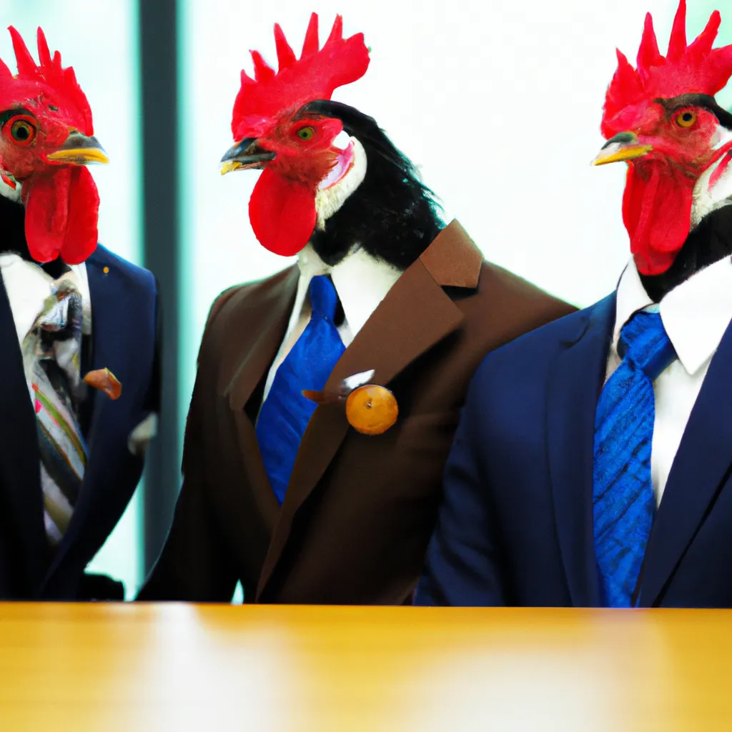 Prompt: Three roosters in business suits attending a meeting in a conference room, Japan, corporate stock photography