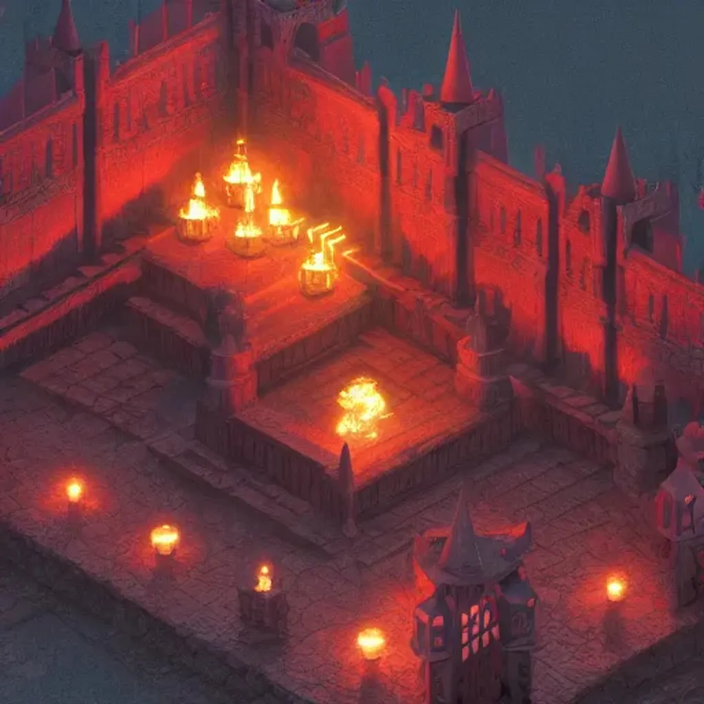 Prompt: isometric image of a fantasy evil castle. hyper real. dark. sinister. red glow. octane render.
 