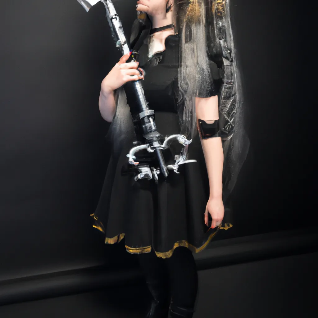 Prompt: a tall girl with black lipstick and beautiful hair, beautiful hairstyle, holding a keyblade from Kingdom hearts,  gothic clothing design, wide angle lens, 15mm, studio lighting, professional photography, cosplay photoshoot