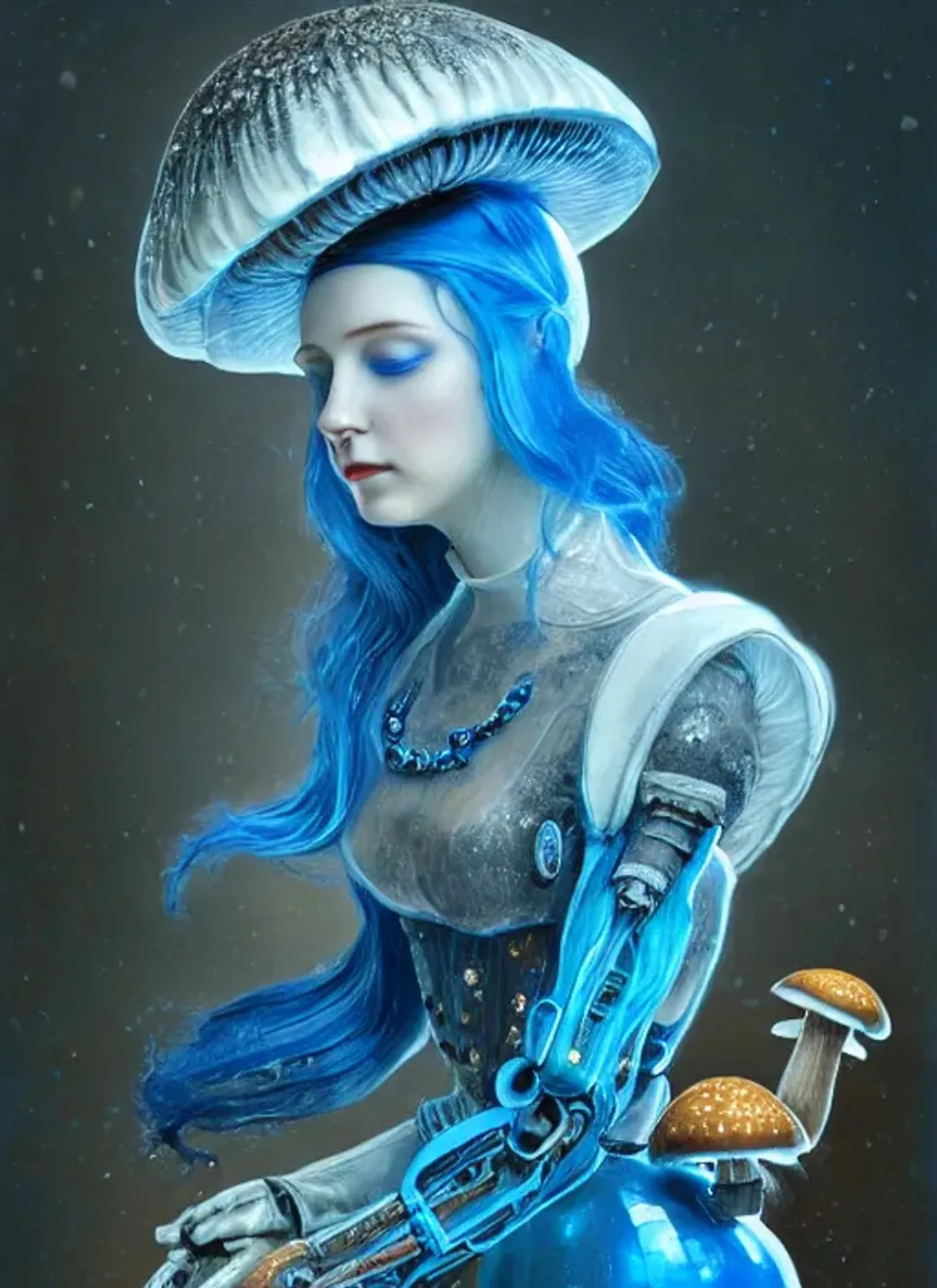 Prompt: Portrait of {edwardian mushroom automaton robot woman} with {blue} hair and with mushrooms, {icy}, perfect composition, hyperrealistic, super detailed, 8k, high quality, trending art, trending on artstation, sharp focus, studio photo, intricate details, highly detailed, by greg Rutkowski, Ryan Hewett 