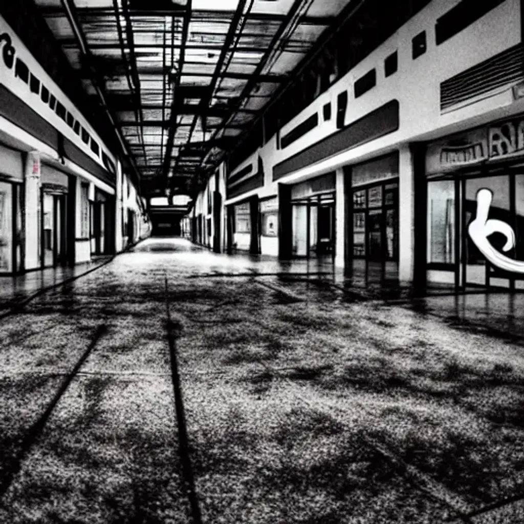 Prompt: empty abandoned mall at night, abandoned stores, messy floor with garbage, dark halls