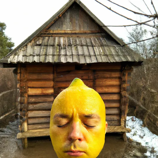 Prompt: close-up photo of a human face lemon in front of a wood house in the forest, HD, highly detailed, hyperrealistic, ultrarealistic, 4K, 8k, photorealistic 