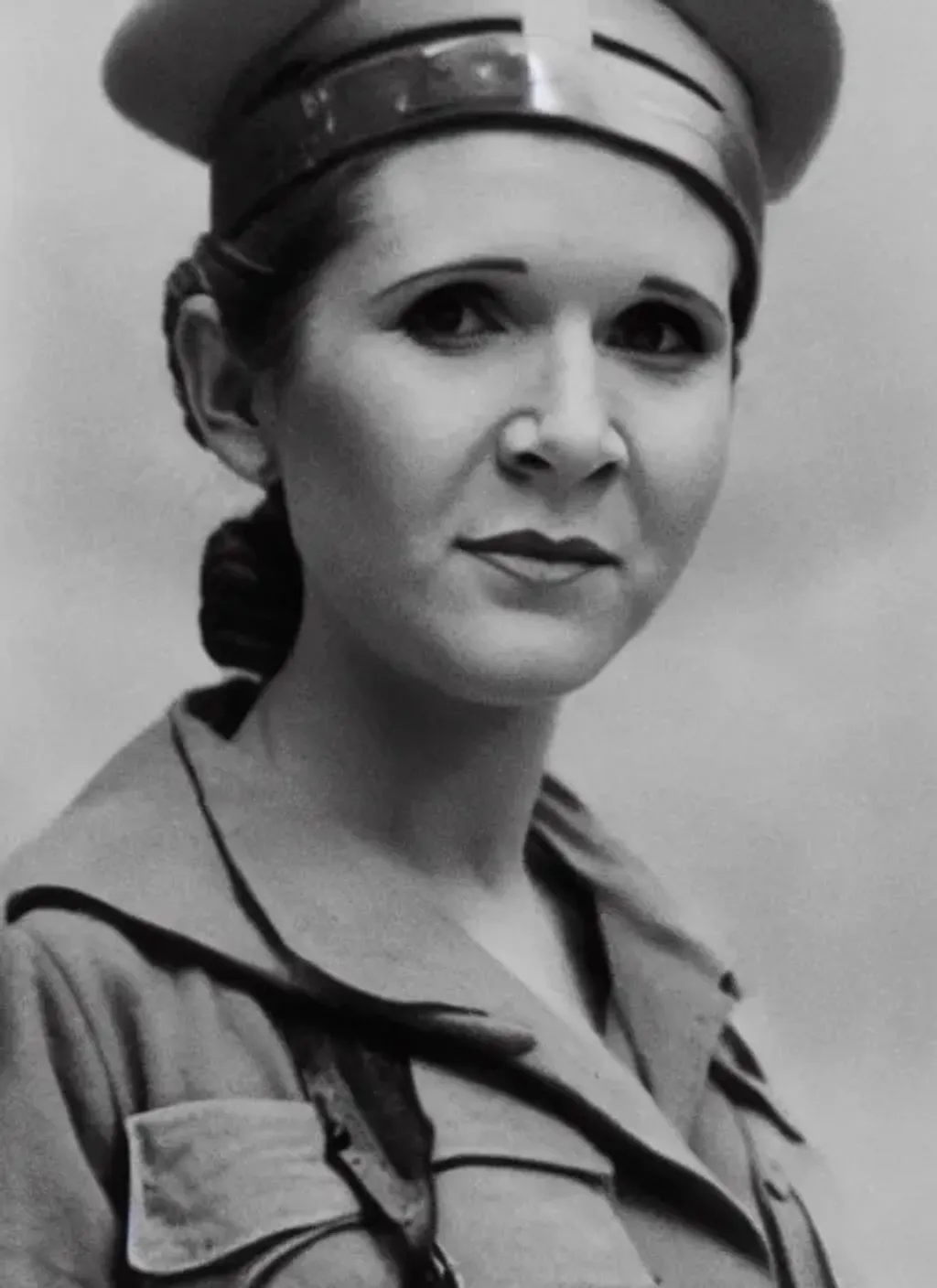 Prompt: Photograph of Carrie Fisher as a soldier in World War II, black and white