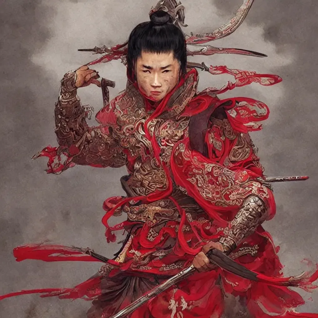 Prompt: a strong handsome chinese young warrior monk with danfeng eyes, elegant, wears hanfu embroidered with red dragons, xianxia, wuxia, conrad roset, greg rutkowski, flume cover art, intricate detail, epic, cinematic, martial arts