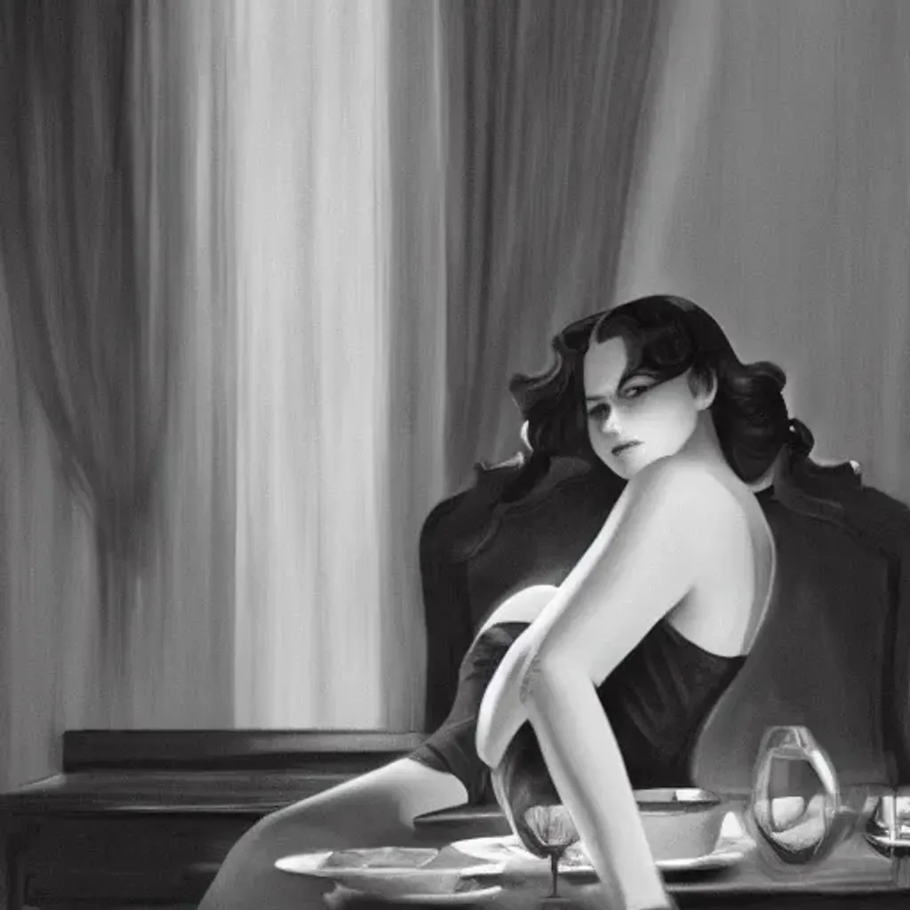 Prompt: full-shot black and white digital painting of young woman, sitting at fancy dining table, in the darkly lit corner, mysterious soft lighting, in velvet black sweetheart neckline dress, hollywood glamour, legs crossed, diamond earings, black shiny curly hair flowing down shoulder, green eyes glancing down at camera, by Naoki urasawa