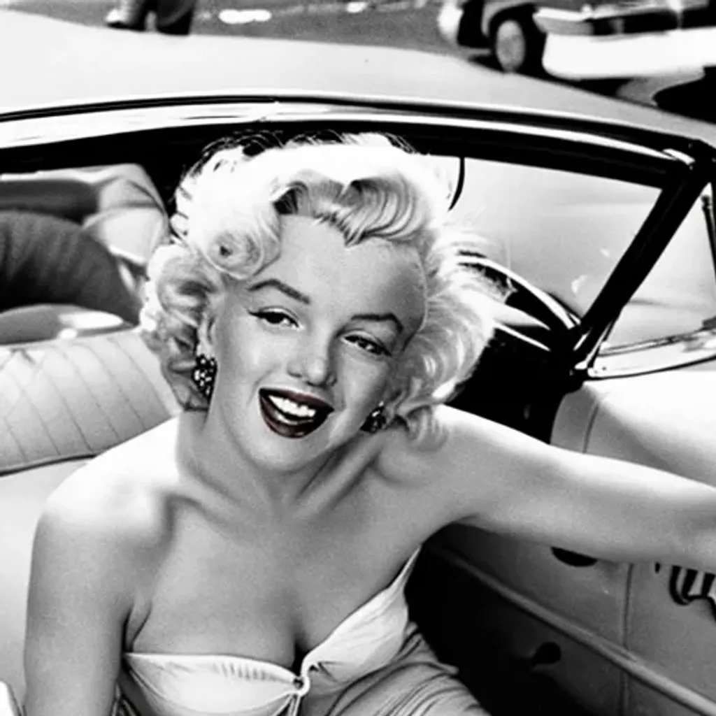 Prompt: Marilyn Monroe sitting in a 1957 Chevrolet bel air